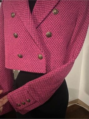 New Zara Cropped Double-Breasted Pink Tweed Jacket - Women's
